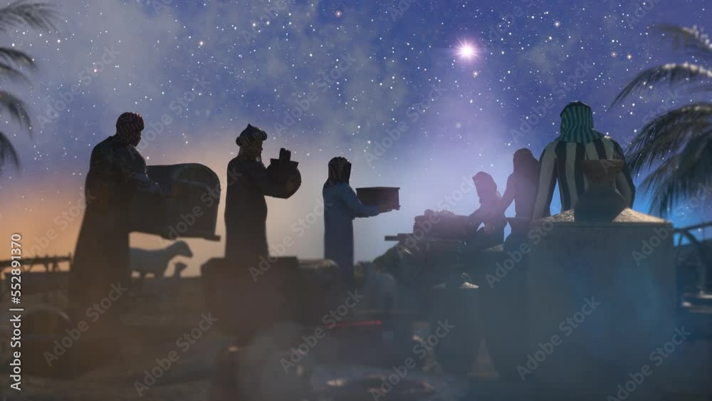 Three wise kings, 3 men bringing gifts to Jesus. Nativity scene Christian religious background render 3d 