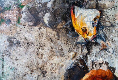 The girl lies in an earthen pit. A clothed woman with red hair. Oil painting portrait with biblical melancholic subject. Fragment of a painting with hands.