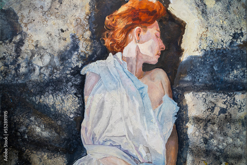 The girl lies in an earthen pit. A clothed woman with red hair. Oil painting portrait with biblical melancholic subject. Fragment of a painting with hands.