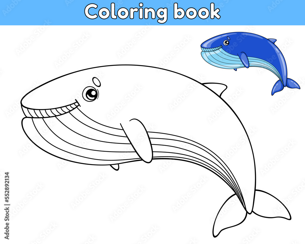 Cartoon cute whale. Coloring page for kids. Vector illustration. Stock