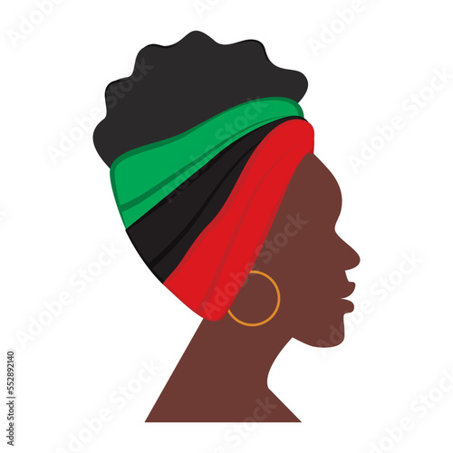 Profile of African American woman with headband in traditional African hues. Sticker. Icon. Isolate.