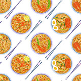 Seamless pattern with ramen noodles and seafood on a white background