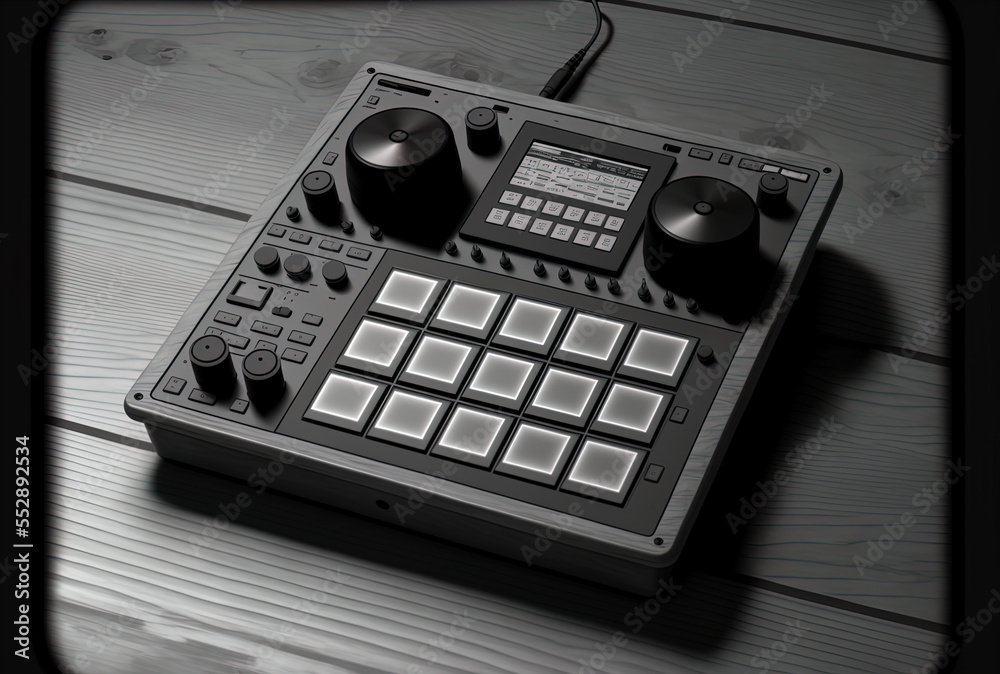 A drum pad machine for beats and sound creation is shown in grayscale on a  wooden table. Generative AI Stock Illustration | Adobe Stock