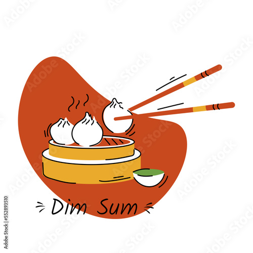 Asian food. Dim sum, traditional Chinese food, in bamboo steamer basket