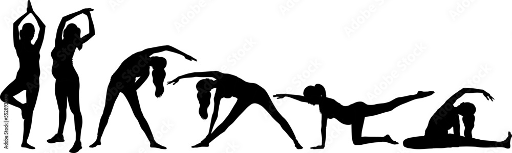Silhouette set of a pregnant woman doing exercise wearing leggings and a top. Vector flat style illustration isolated on white. Full-length view Silhouette set of a pregnant woman doing exercise wearing leggings and a top. Vector flat style illustration isolated on white. Full-length view