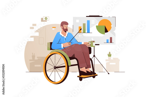 Male on wheelchair presenting infographics