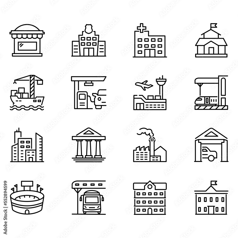 Set of vector icons related to buildings. Vector illustrations such as hospitals, airports, factories and more with editable black outline.