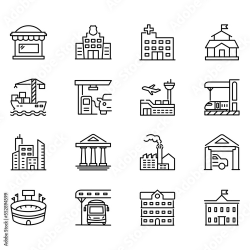 Set of vector icons related to buildings. Vector illustrations such as hospitals, airports, factories and more with editable black outline.