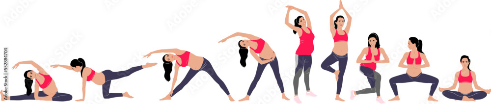 Hand-drawn set of a pregnant woman doing exercise wearing leggings and a top. Vector flat style illustration isolated on white. Full-length view Hand-drawn set of a pregnant woman doing exercise wearing leggings and a top. Vector flat style illustration isolated on white. Full-length view