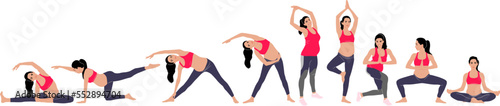 Hand-drawn set of a pregnant woman doing exercise wearing leggings and a top. Vector flat style illustration isolated on white. Full-length view	