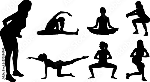 Silhouette set of a pregnant woman doing exercise wearing leggings and a top. Vector flat style illustration isolated on white. Full-length view	