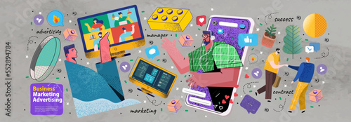 Marketing, social networks and business. Vector illustrations of business people, success, advertising and remote work for poster, card, flyer or banner