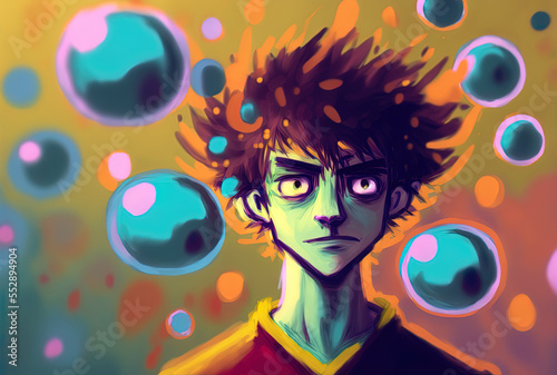 boy with hydrogel balls, blurred. Generative AI