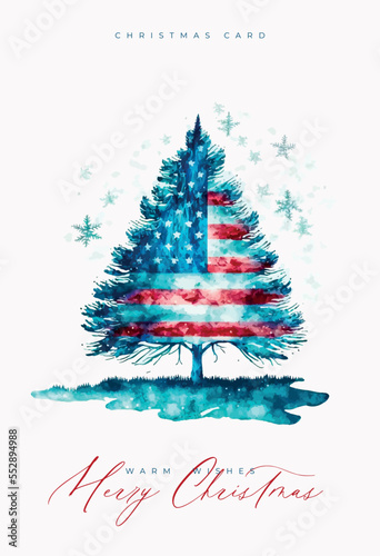 Vector christmas patriotic card with tree colored in USA flag, Merry Christmas lettering and flag of USA watercolor style. Happy new year America
