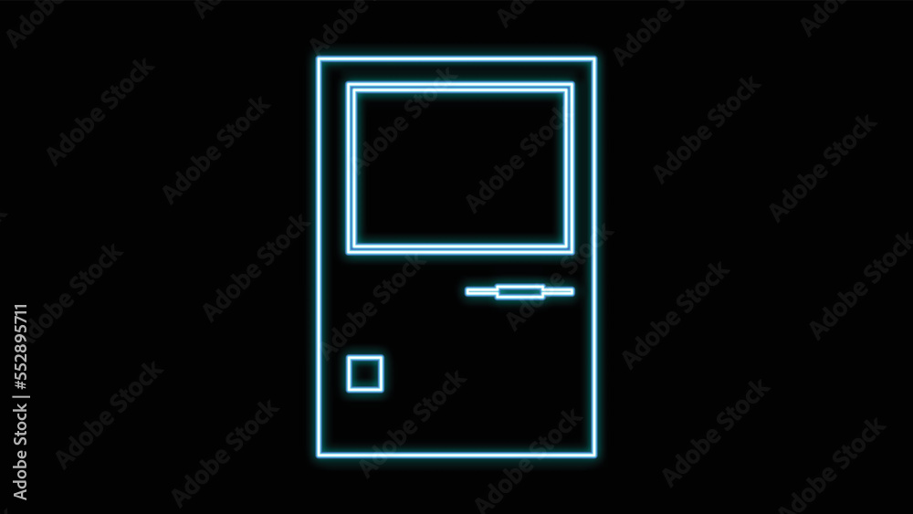 Blue neon personal computer with monitor, pc old retro hipster vintage from 70s, 80s, 90s on black background. Vector illustration Blue neon personal computer with monitor, pc old retro hipster vintage from 70s, 80s, 90s on black background. Vector illustration