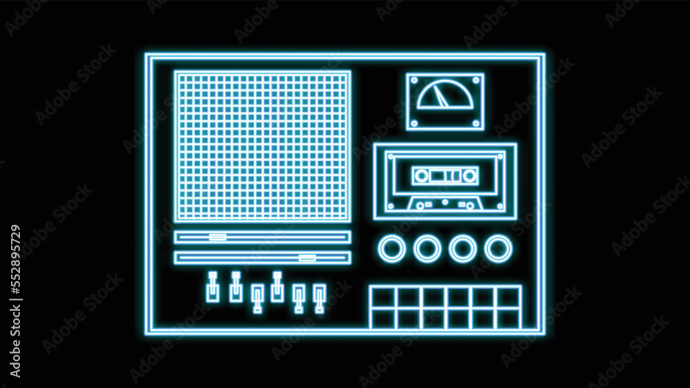 Blue neon music cassette audio tape recorder old retro hipster vintage from 70s, 80s, 90s on black background. Vector illustration
