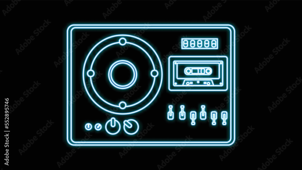 Blue neon music cassette audio tape recorder old retro hipster vintage from 70s, 80s, 90s on black background. Vector illustration Blue neon music cassette audio tape recorder old retro hipster vintage from 70s, 80s, 90s on black background. Vector illustration