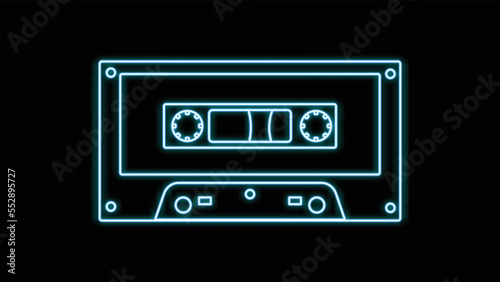 Blue neon music audio cassette tape old retro hipster vintage from 70s, 80s, 90s on black background. Vector illustration