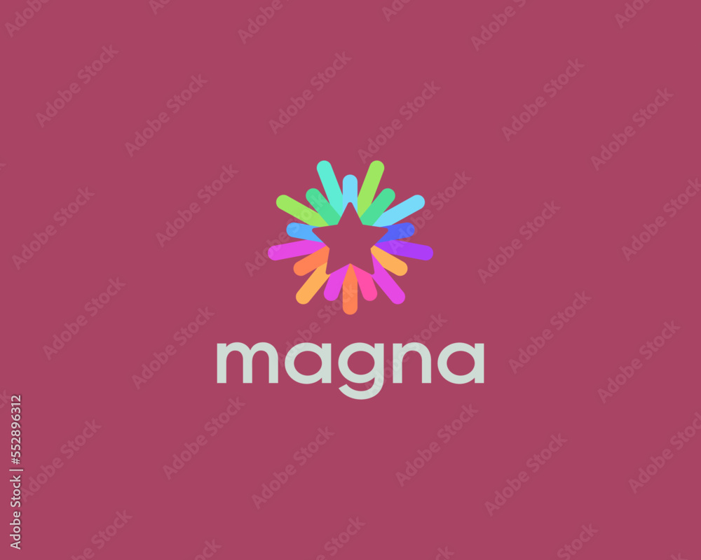 Five pointed star with rainbow lines rays around logo. Minimalist rating sign. Flat award party vector icon logotype. Vector illustration. Five pointed star with rainbow lines rays around logo. Minimalist rating sign. Flat award party vector icon logotype. Vector illustration.