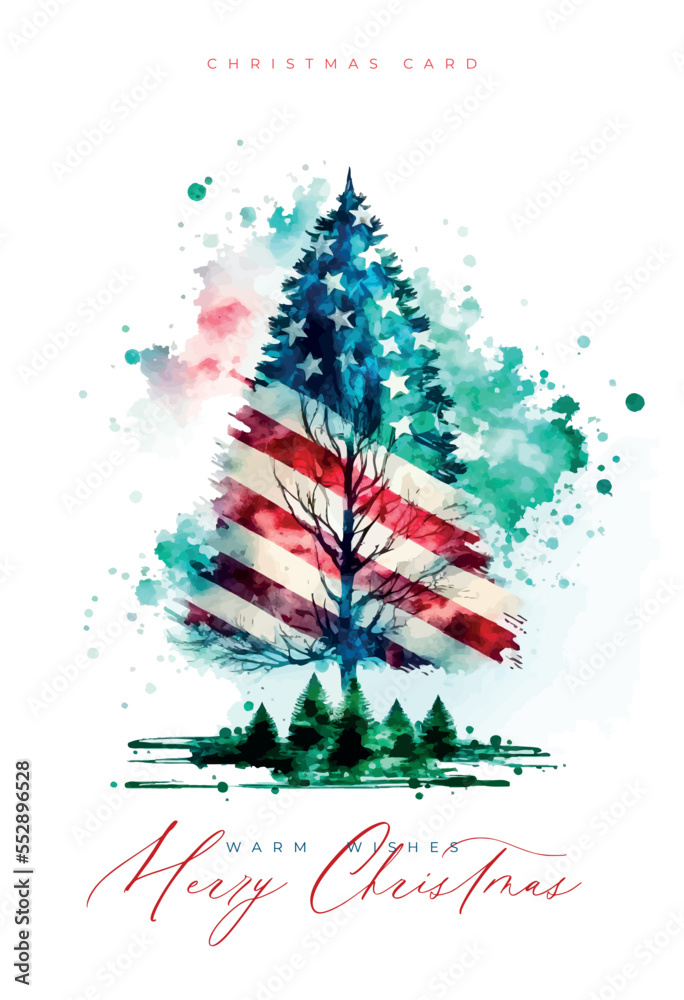 Merry Christmas lettering and flag of USA watercolor style. Happy new year America Christmas patriotic card with tree colored in USA flag. Merry Christmas lettering and flag of USA watercolor style. Happy new year America Christmas patriotic card with tree colored in USA flag.