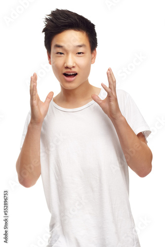 Cool and casual. A cropped portrait of a surprised looking young teen isolated on white.
