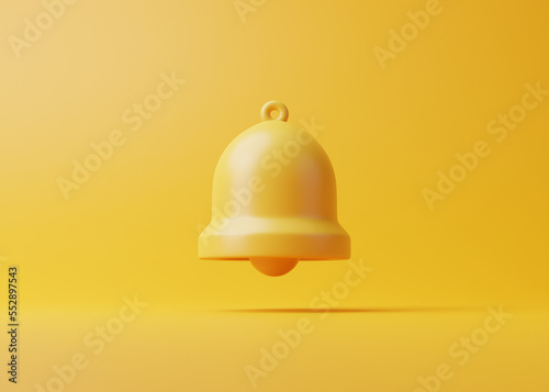 Notification bell on a yellow background. Icon in cartoon design. 3D Rendering Illustration