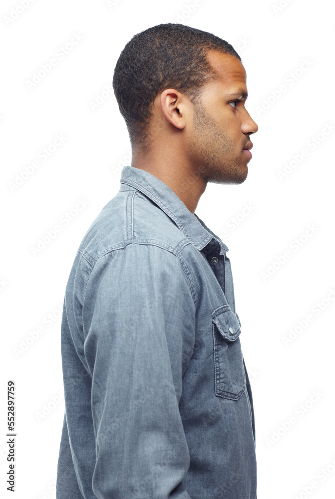 Confident and handsome. A cropped profile of an expressionless young man, isolated on white. Confident and handsome. A cropped profile of an expressionless young man, isolated on white.