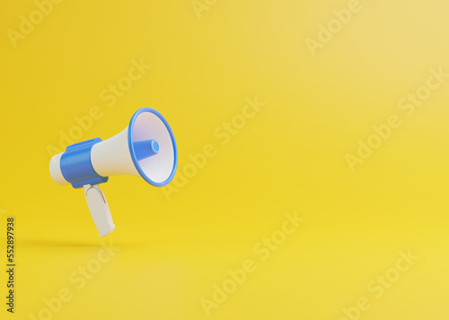Loudspeaker and Megaphone announcement on yellow background with copy space. Concept of join us, job vacancy and announcement. Сartoon style design. 3D render illustration