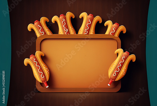 Hotdogs on a cutboard with space for text. Generative AI photo