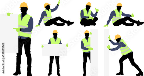 Silhouettes set of worker wearing helmet and vest. Vector flat style illustration isolated on white. Full-length view	