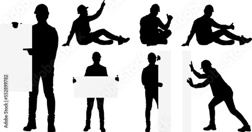 Silhouettes set of worker wearing helmet and vest. Vector flat style illustration isolated on white. Full-length view	