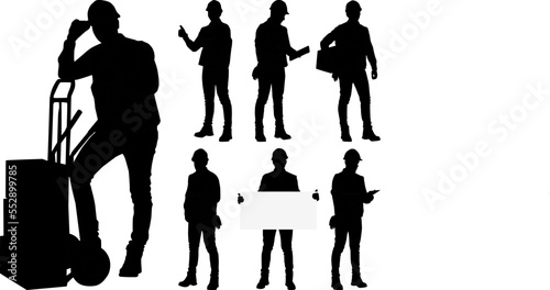 Silhouettes set of worker wearing helmet and vest in different poses. Vector flat style illustration isolated on white. Full-length view	