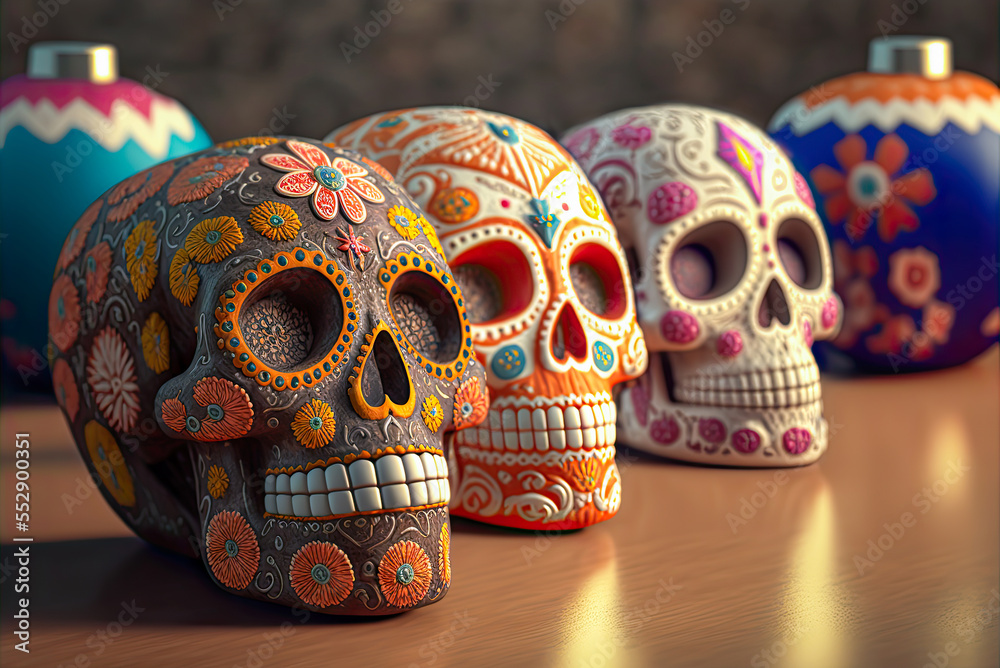 Fototapeta premium Three colorful sugar skulls for The Day of the Dead. Generative AI