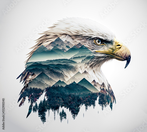 Bald eagle portrait and the Pacific Northwest, double exposure photography. Generative AI