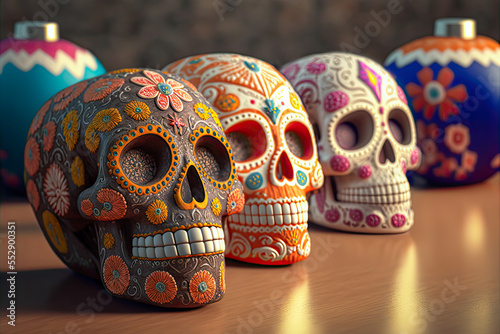 Three colorful sugar skulls for The Day of the Dead. Generative AI