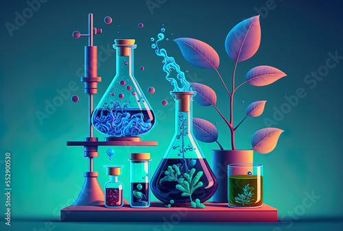 Blue backdrop with a chemistry lab set on a table with colourful substances within. Glassware and biological apparatus. Generative AI photo