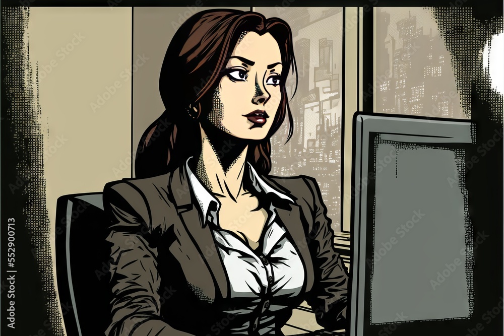 Cartoon Illustration of a Pretty Businesswoman Working At Her Computer, Comic Book Style
