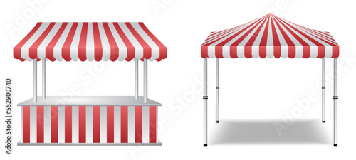 illustration of market stall or mobile commerce with red and white awning striped isolated