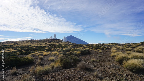 A view of Teide Observatory and Mount Teide from Iza  a  Tenerife  Canary Islands  Spain  sunny day  no people