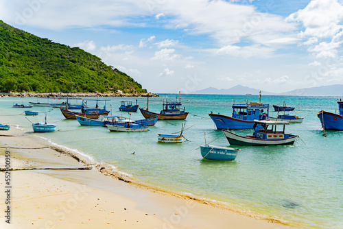 Fishing village. Boats at sea. Sunny weather. Doclet Vietnam.