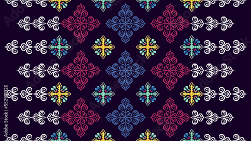 Ikat ethnic pixel art textile seamless pattern design. Aztec fabric carpet boho mandalas textile decor wallpaper. Tribal native motif ornaments African American folk traditional embroidery vector 