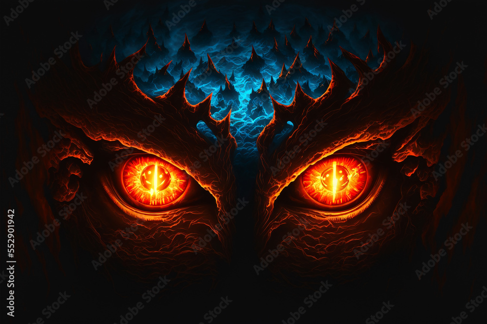 Demon eyes glowing in the dark. Created with Generative AI Technology