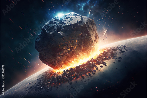 Large asteroid crashes into Earth violently. Created with Generative AI Technology