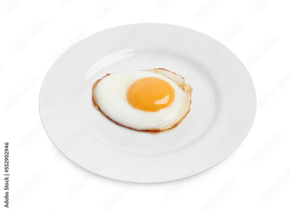 Plate with delicious fried egg isolated on white Plate with delicious fried egg isolated on white