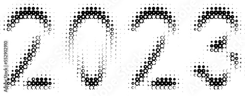 Digital vector inscription 2023 from boiling, effervescent bubbles. Iridescent balls, beads, globules.