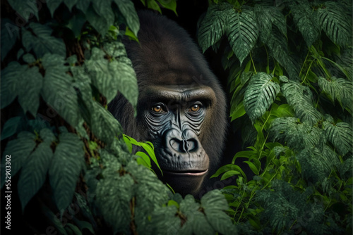 Gorilla in the dense jungle. Created with Generative AI Technology