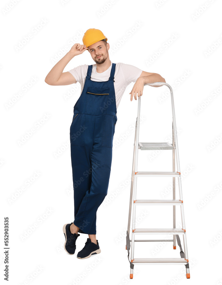 Worker in uniform and hard hat near metal ladder on white background Worker in uniform and hard hat near metal ladder on white background
