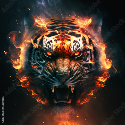 Epic cinematic portrait of a tiger filled with equal parts mysterious smoke and ethereal fire