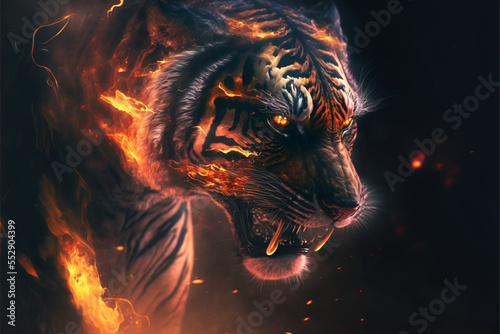Epic cinematic portrait of a tiger filled with equal parts mysterious smoke and ethereal fire