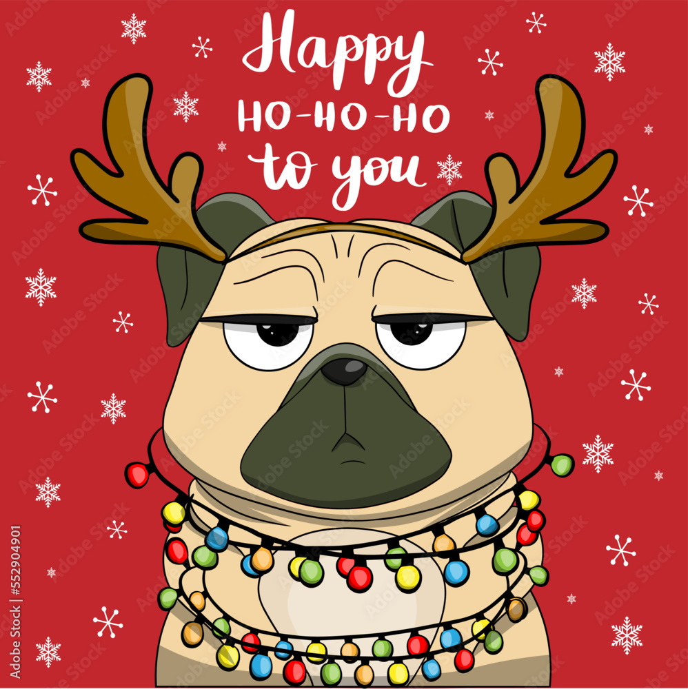 Vector christmas card with grumpy dog with garland character party time